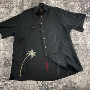 Bamboo Cay Mens Large Aloha Shirt Black Palm Tree Embroidered Resort Modal Blend
